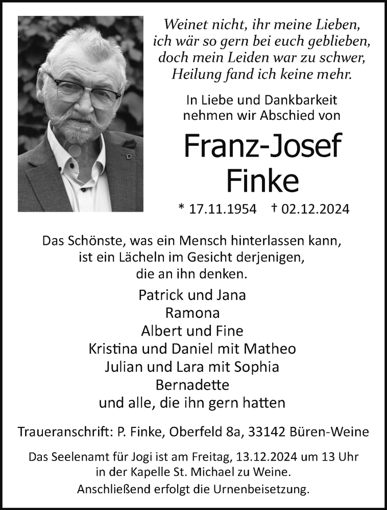  Traueranzeige für Franz-Josef Finke vom 07.12.2024 aus Westfalen Blatt