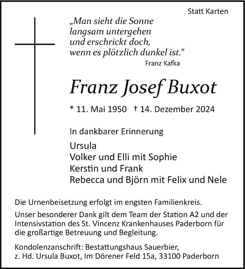  Traueranzeige für Franz Josef Buxot vom 21.12.2024 aus Westfalen Blatt