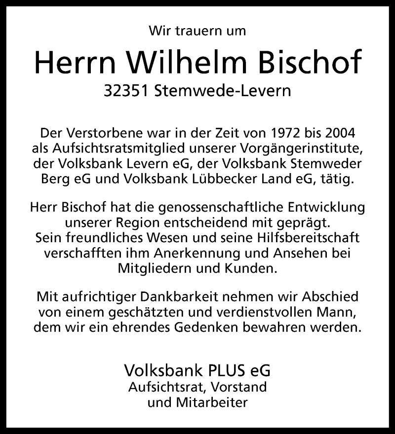  Traueranzeige für Wilhelm Bischof vom 04.12.2024 aus Westfalen Blatt