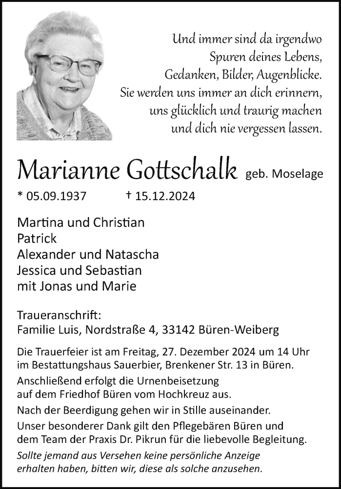  Traueranzeige für Marianne Gottschalk vom 21.12.2024 aus Westfalen Blatt