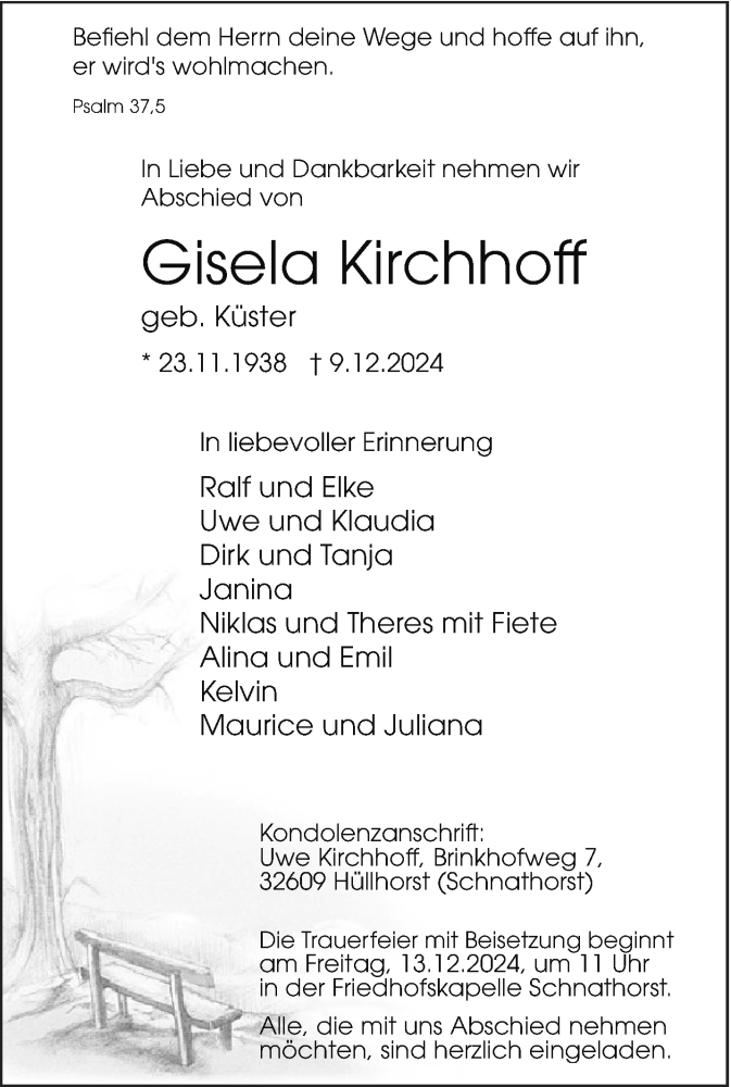  Traueranzeige für Gisela Kirchhoff vom 11.12.2024 aus Westfalen Blatt