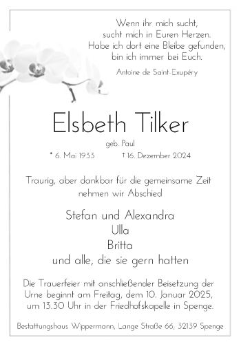 Traueranzeige von Elsbeth Tilker von Westfalen Blatt
