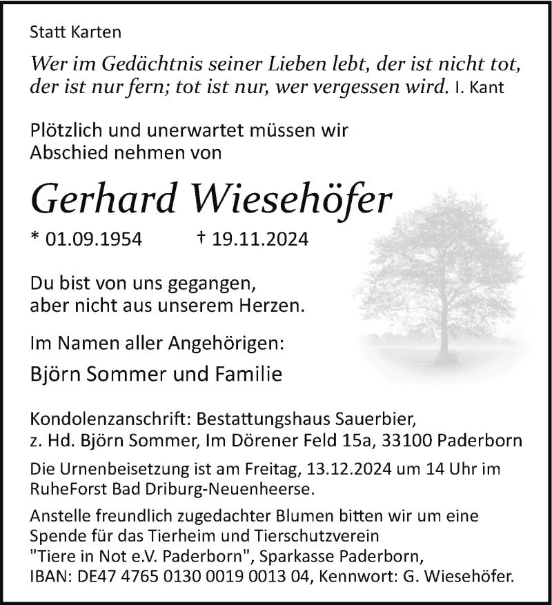  Traueranzeige für Gerhard Gerhard Wiesehöfer vom 07.12.2024 aus Westfalen Blatt