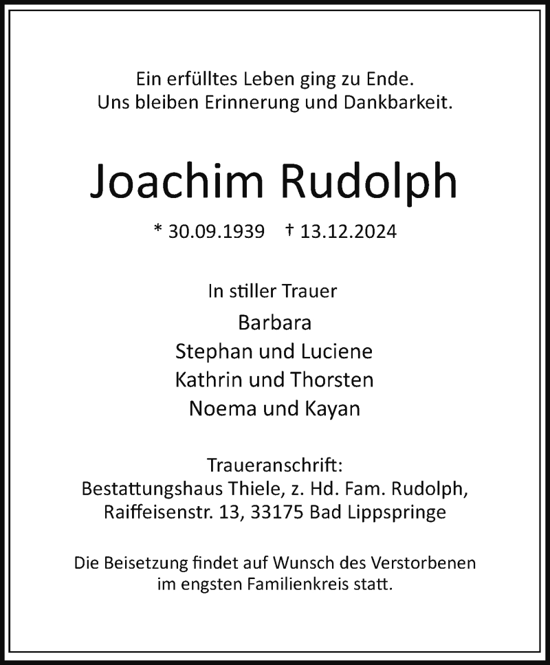  Traueranzeige für Joachim Rudolph vom 21.12.2024 aus Westfalen Blatt