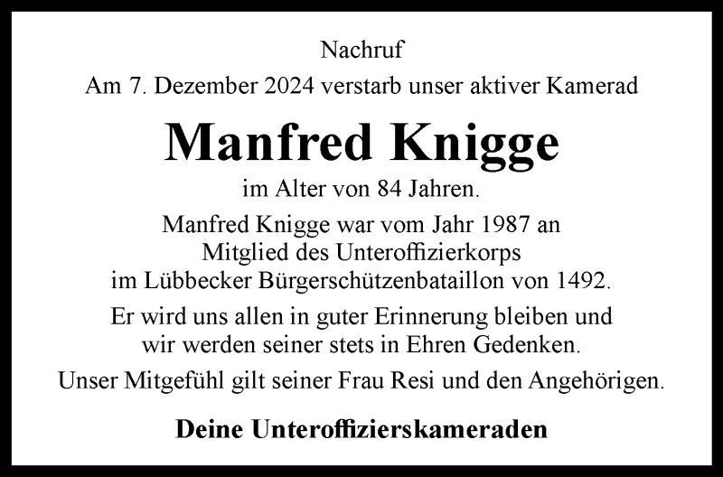  Traueranzeige für Manfred Knigge vom 21.12.2024 aus Westfalen Blatt