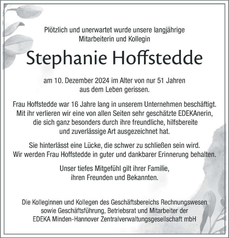  Traueranzeige für Stephanie Hoffstedde vom 21.12.2024 aus Westfalen Blatt