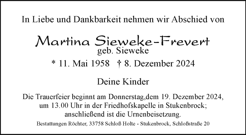  Traueranzeige für Martina Sieweke-Frevert vom 14.12.2024 aus Westfalen Blatt