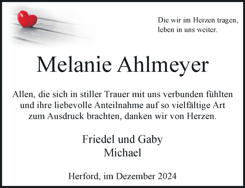  Traueranzeige für Melanie Ahlmeyer vom 14.12.2024 aus Westfalen Blatt
