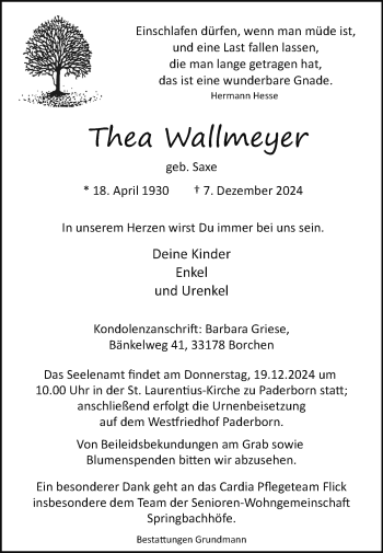 Traueranzeige von Thea Wallmeyer von Westfalen Blatt