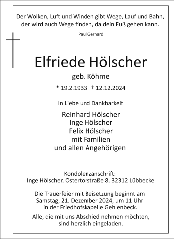 Traueranzeige von Elfriede Hölscher von Westfalen Blatt
