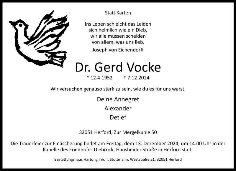  Traueranzeige für Dr. Gerd Vocke vom 11.12.2024 aus Westfalen Blatt