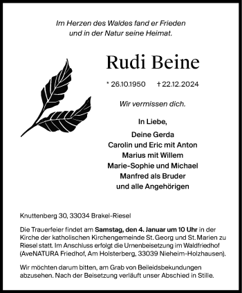 Traueranzeige von Rudi Beine von Westfalen Blatt