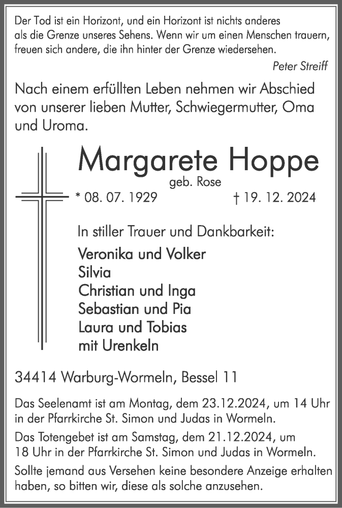  Traueranzeige für Margarete Hoppe vom 21.12.2024 aus Westfalen Blatt