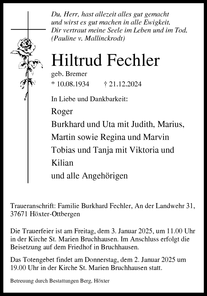  Traueranzeige für Hiltrud Fechler vom 28.12.2024 aus Westfalen Blatt