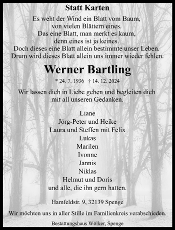 Traueranzeige von Werner Bartling von Westfalen Blatt