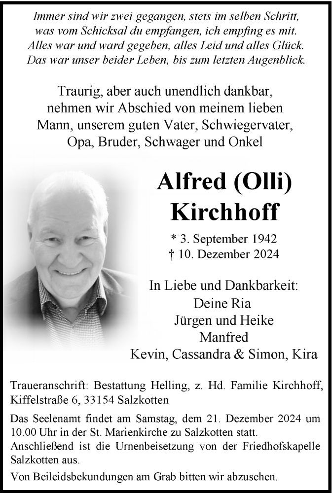  Traueranzeige für Alfred Kirchhoff vom 14.12.2024 aus Westfalen Blatt