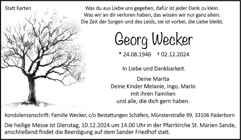  Traueranzeige für Georg Wecker vom 07.12.2024 aus Westfalen Blatt