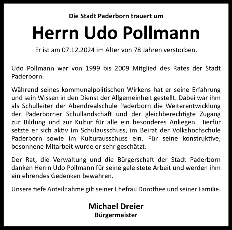  Traueranzeige für Udo Pollmann vom 21.12.2024 aus Westfalen Blatt