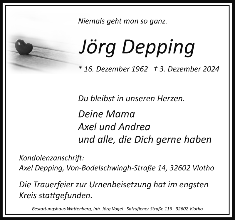  Traueranzeige für Jörg Jörg Depping vom 21.12.2024 aus Westfalen Blatt