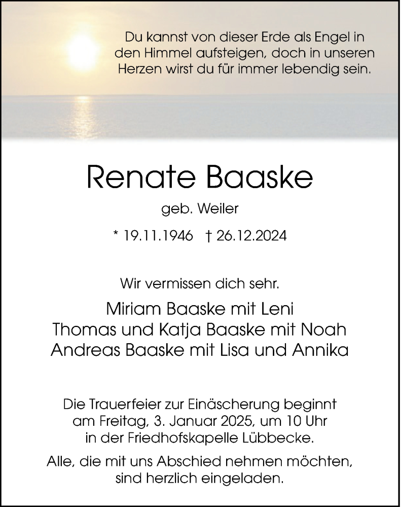  Traueranzeige für Renate Baaske vom 31.12.2024 aus Westfalen Blatt