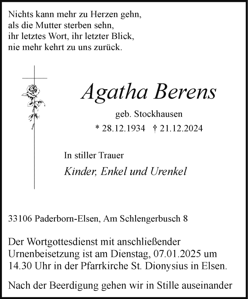  Traueranzeige für Agatha Berens vom 28.12.2024 aus Westfalen Blatt