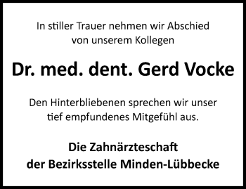 Traueranzeige von Dr. med. dent. Gerd Vocke von Westfalen Blatt