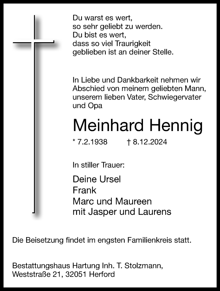  Traueranzeige für Meinhard Hennig vom 14.12.2024 aus Westfalen Blatt
