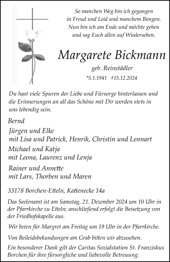 Traueranzeige von Margarete Bickmann von Westfalen Blatt