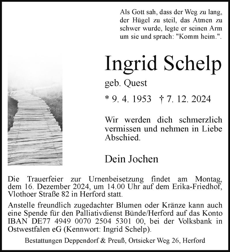  Traueranzeige für Ingrid Schelp vom 11.12.2024 aus Westfalen Blatt