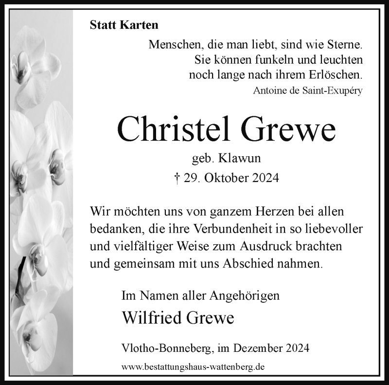  Traueranzeige für Christel Grewe vom 14.12.2024 aus Westfalen Blatt
