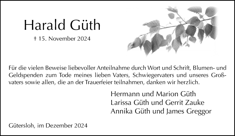  Traueranzeige für Harald Harald Güth vom 21.12.2024 aus Westfalen Blatt