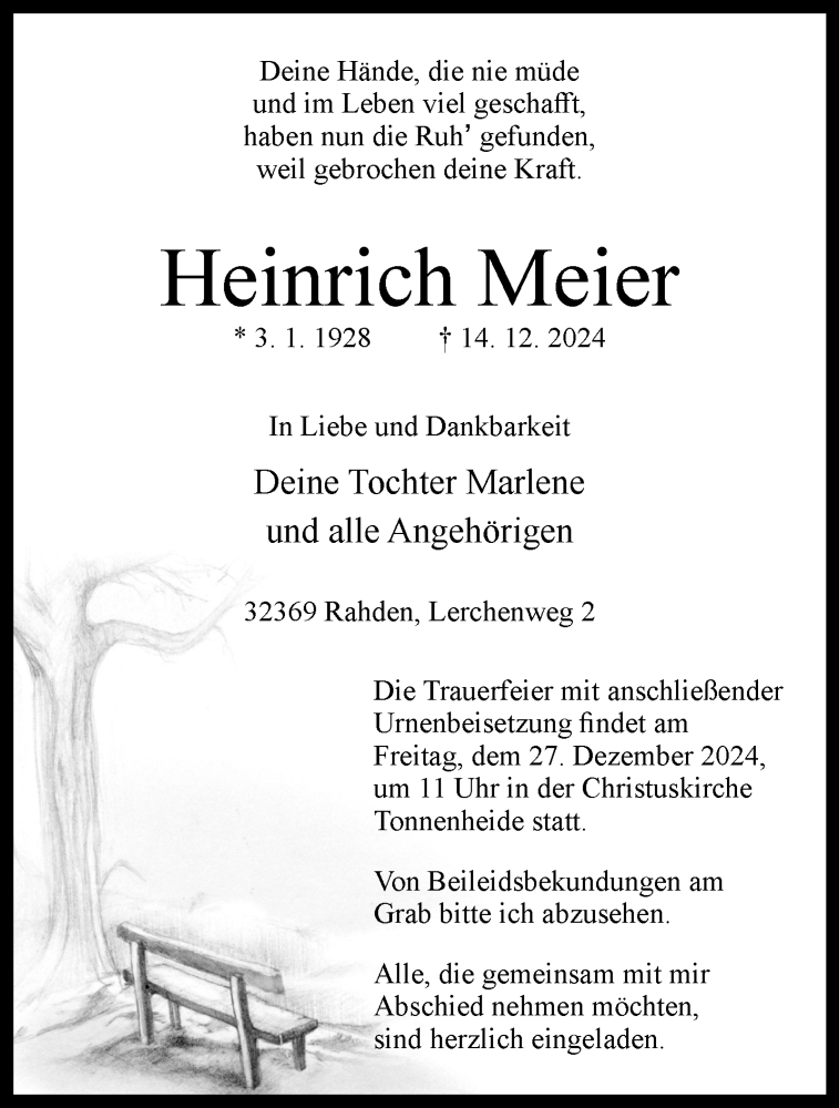  Traueranzeige für Heinrich Meier vom 21.12.2024 aus Westfalen Blatt