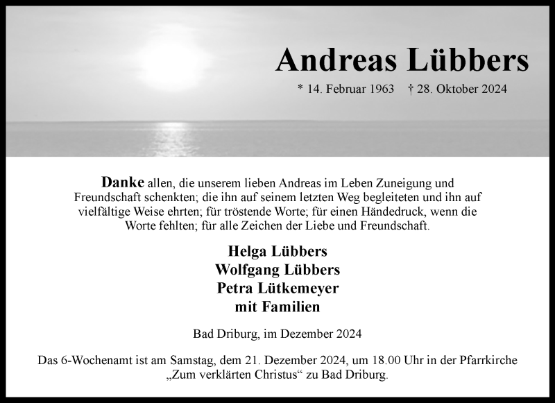  Traueranzeige für Andreas Lübbers vom 07.12.2024 aus Westfalen Blatt