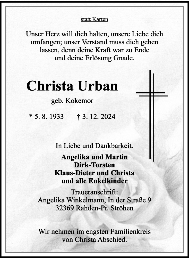  Traueranzeige für Christa Urban vom 05.12.2024 aus Westfalen Blatt
