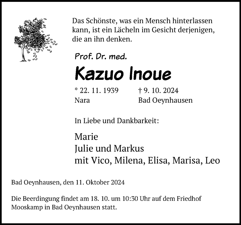  Traueranzeige für Kazuo Inoue vom 12.10.2024 aus Westfalen Blatt