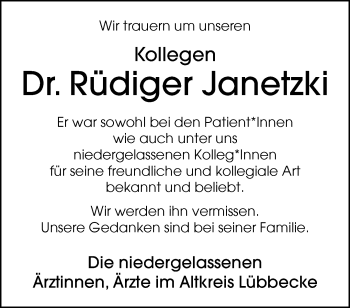 Traueranzeige von Dr. Rüdiger Janetzki von Westfalen Blatt