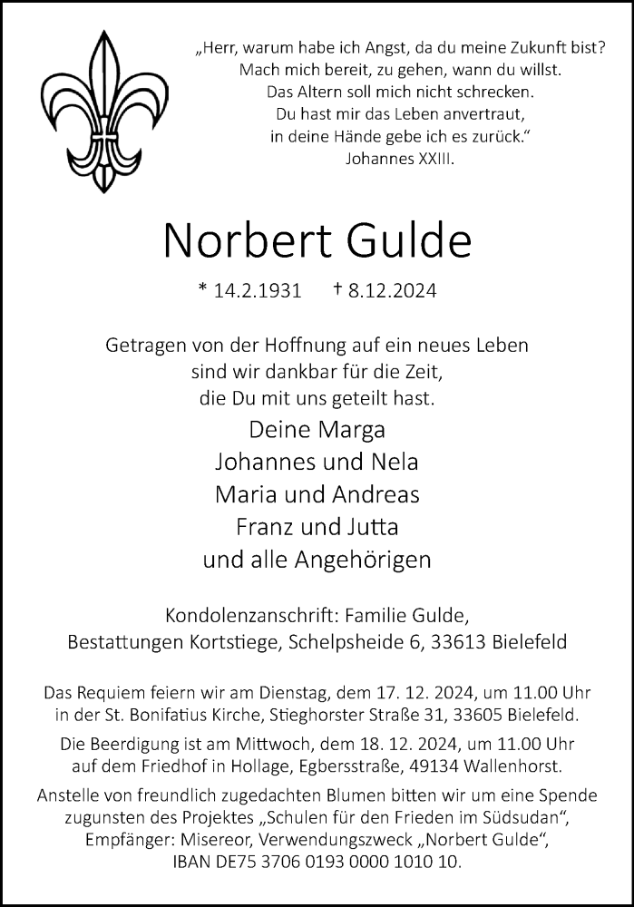  Traueranzeige für Norbert Gulde vom 14.12.2024 aus Westfalen Blatt