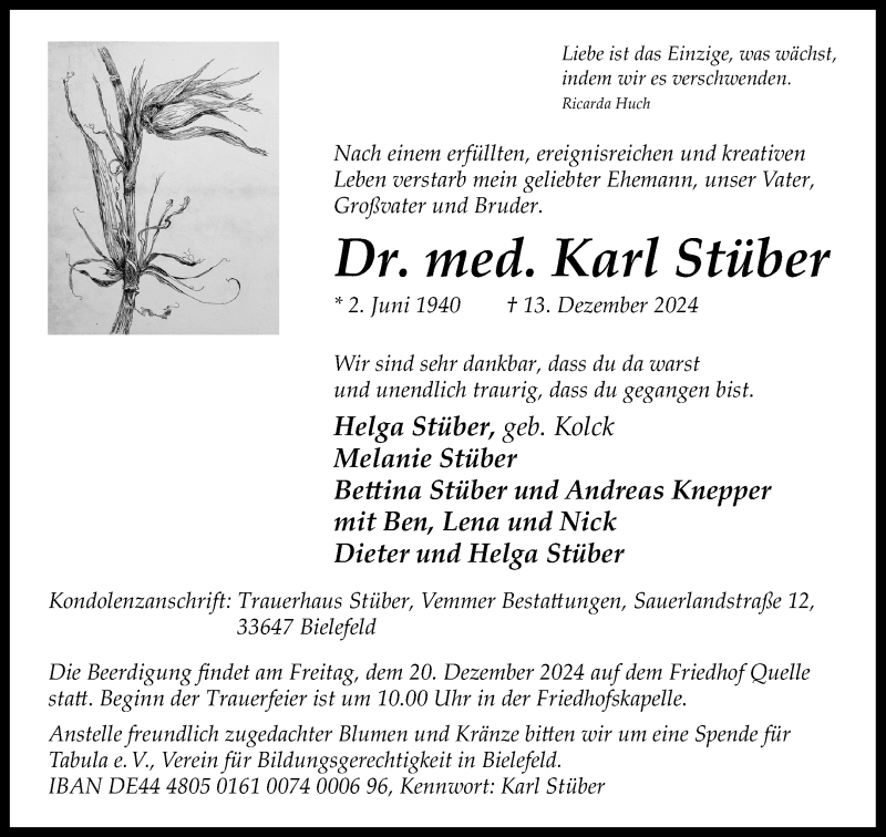  Traueranzeige für Dr. med. Karl Stüber vom 18.12.2024 aus Westfalen Blatt