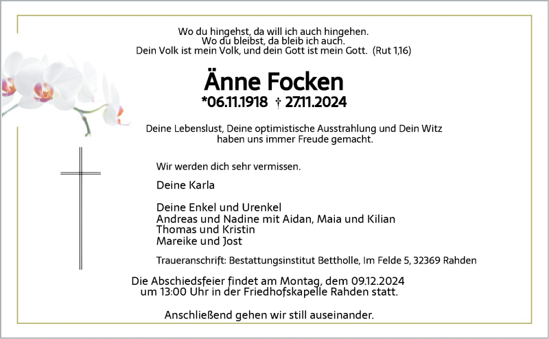  Traueranzeige für Änne Focken vom 04.12.2024 aus Westfalen Blatt