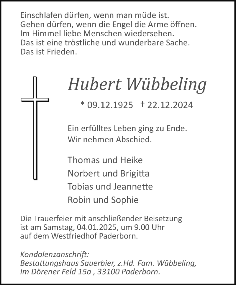  Traueranzeige für  Hubert Wübbeling vom 28.12.2024 aus Westfalen Blatt