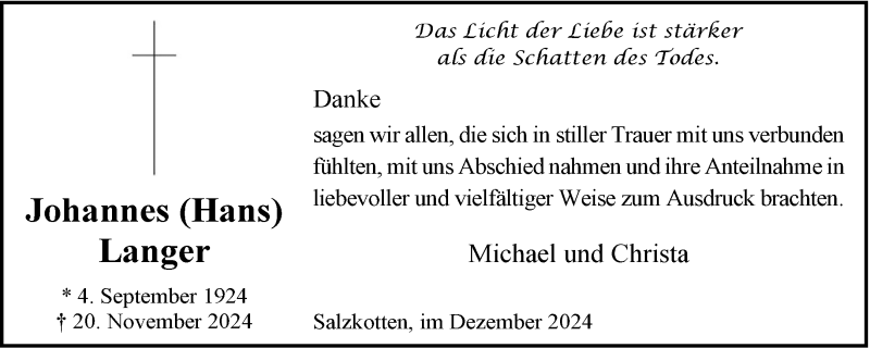  Traueranzeige für Johannes Hans Langer vom 21.12.2024 aus Westfalen Blatt