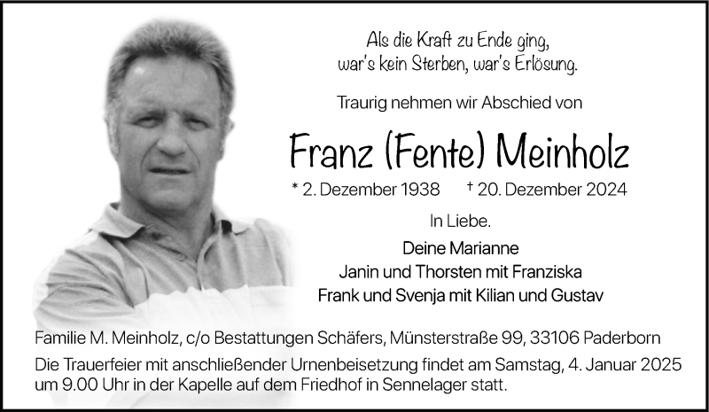  Traueranzeige für Franz Fente Meinholz vom 28.12.2024 aus Westfalen Blatt