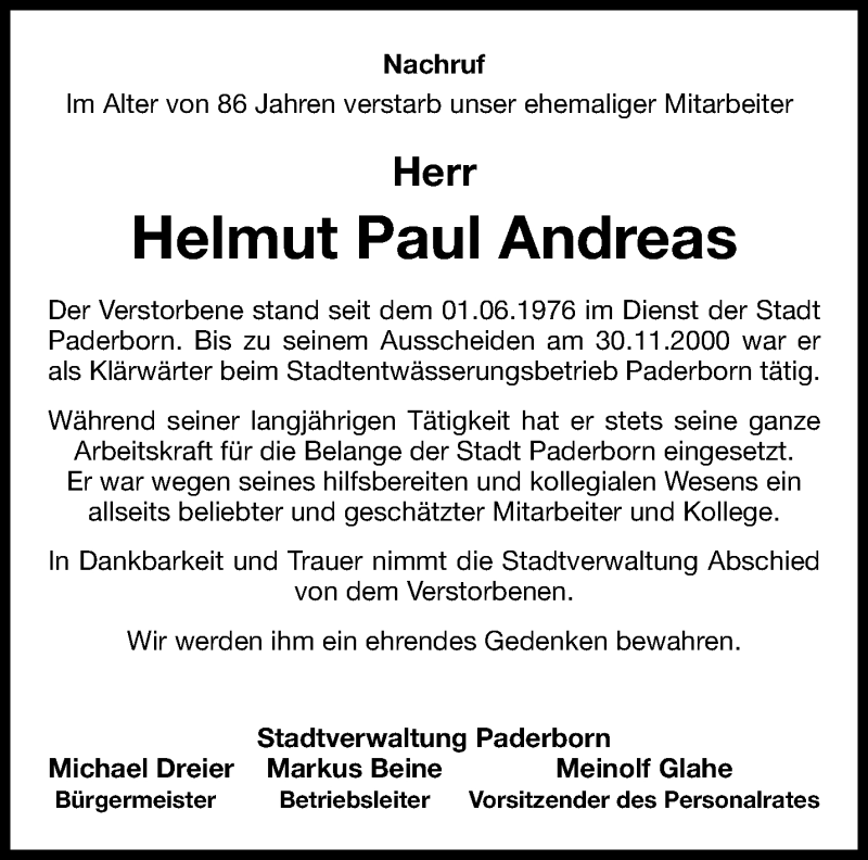  Traueranzeige für Helmut Paul Andreas vom 06.12.2024 aus Westfalen Blatt