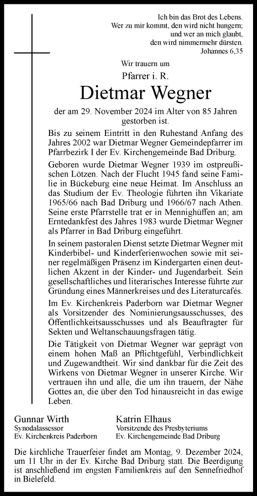  Traueranzeige für Dietmar Wegner vom 04.12.2024 aus Westfalen Blatt