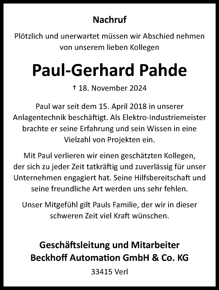  Traueranzeige für Paul Gerhard Pahde vom 07.12.2024 aus Westfalen Blatt
