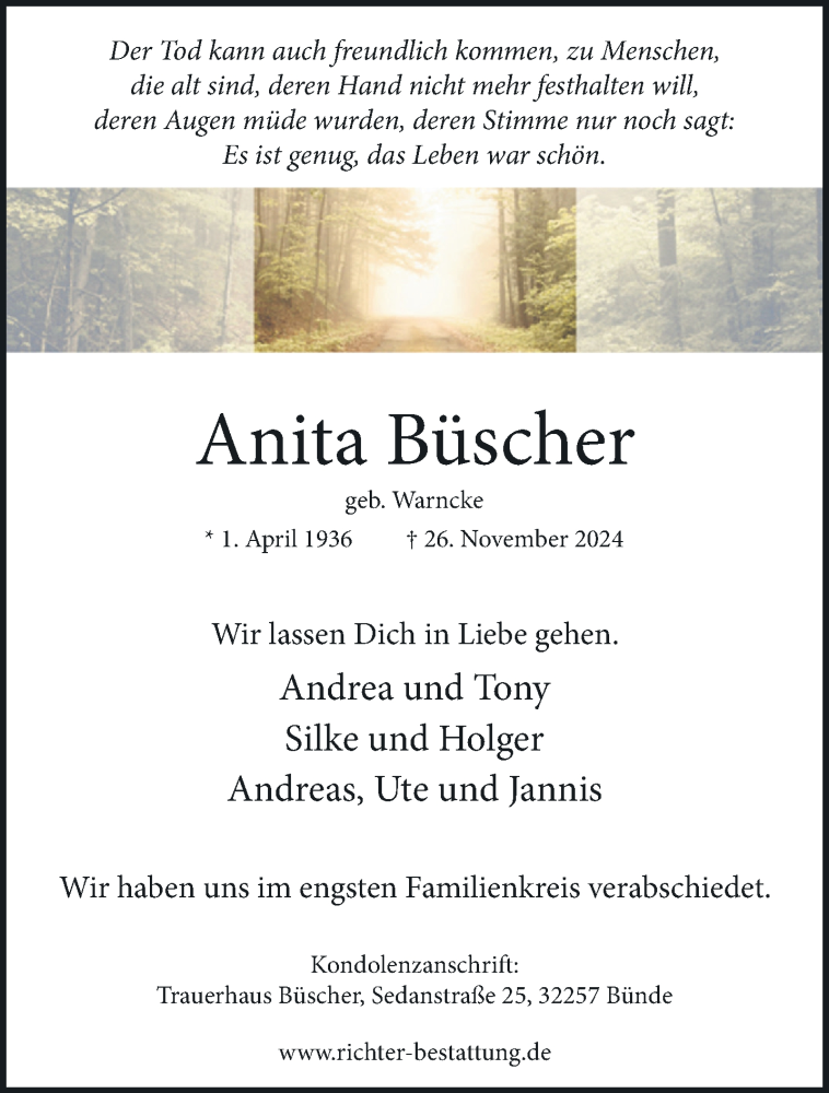  Traueranzeige für Anita Büscher vom 07.12.2024 aus Westfalen Blatt