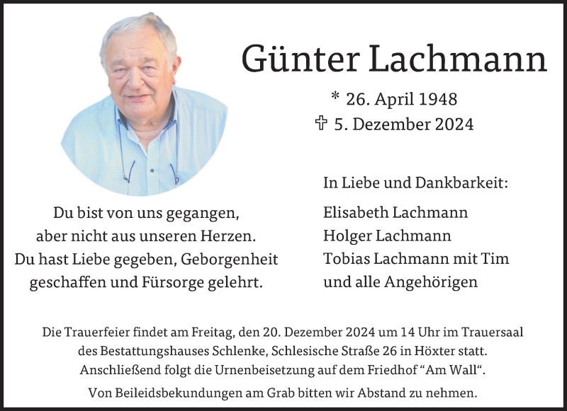  Traueranzeige für Günter Lachmann vom 14.12.2024 aus Westfalen Blatt