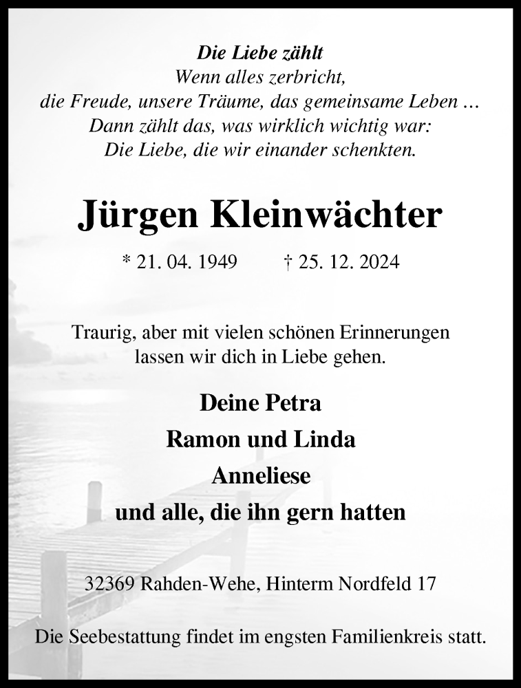  Traueranzeige für Jürgen Jürgen Kleinwächter vom 28.12.2024 aus Westfalen Blatt