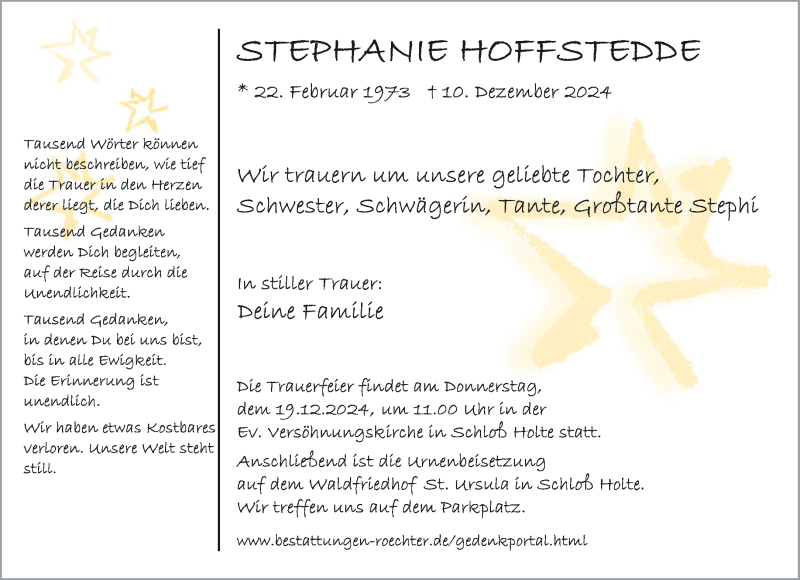  Traueranzeige für Stephanie Hoffstedde vom 14.12.2024 aus Westfalen Blatt