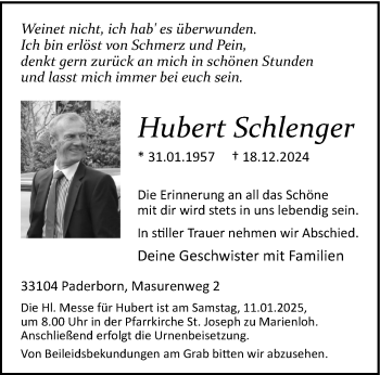 Traueranzeige von Hubert Schlenger von Westfalen Blatt